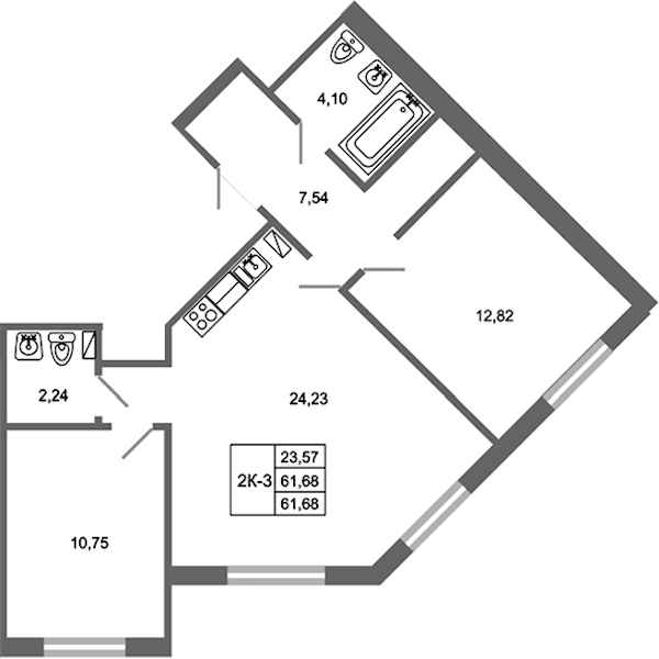 2-комнатная квартира 61.68 м², 3/17 эт., ЖК «Стороны Света 2»